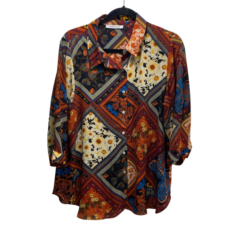 Rose + Olive Plus 2X Patchwork Floral Butterfly Button Front Blouse Orange Blue